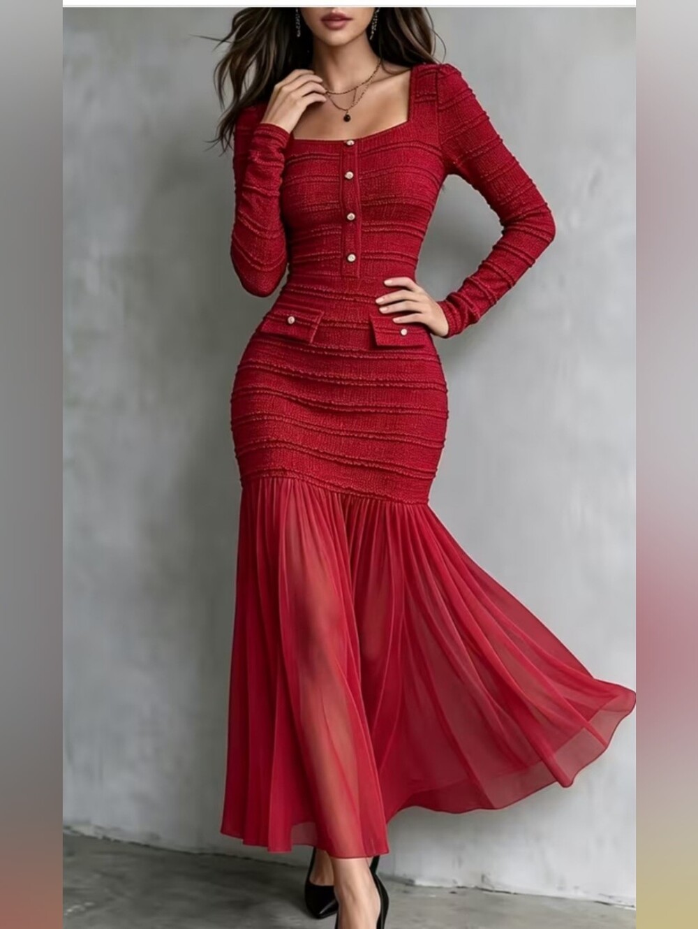 Red Long-Sleeve Square-Neck Dress (XL)